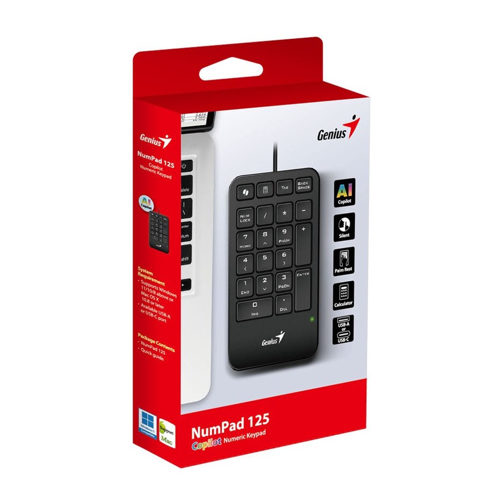 Teclado Numerico GENIUS NUMPAD 125 USB Tipo A Negro Copilot Win y MAC