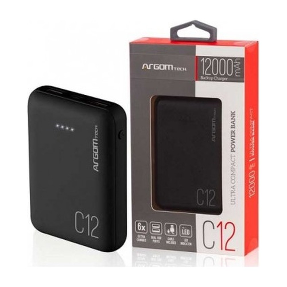 POWER BANK ARGOM 12000 MAH ARG-PB-1138BK WITH CABLE BLACK