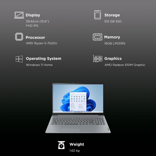 [00056913] Computadora Portatil LENOVO Idead Pad Slim 3 15AMN8 AMD RYZEN 5 7520U 16GB SSD 512GB 15.6" FHD TOUCH Ayss Blue Free.DOS. Obsequio: Mochila y Mouse